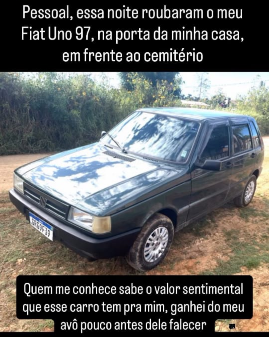 Carro é furtado durante a noite em frente a cemitério em Carandaí