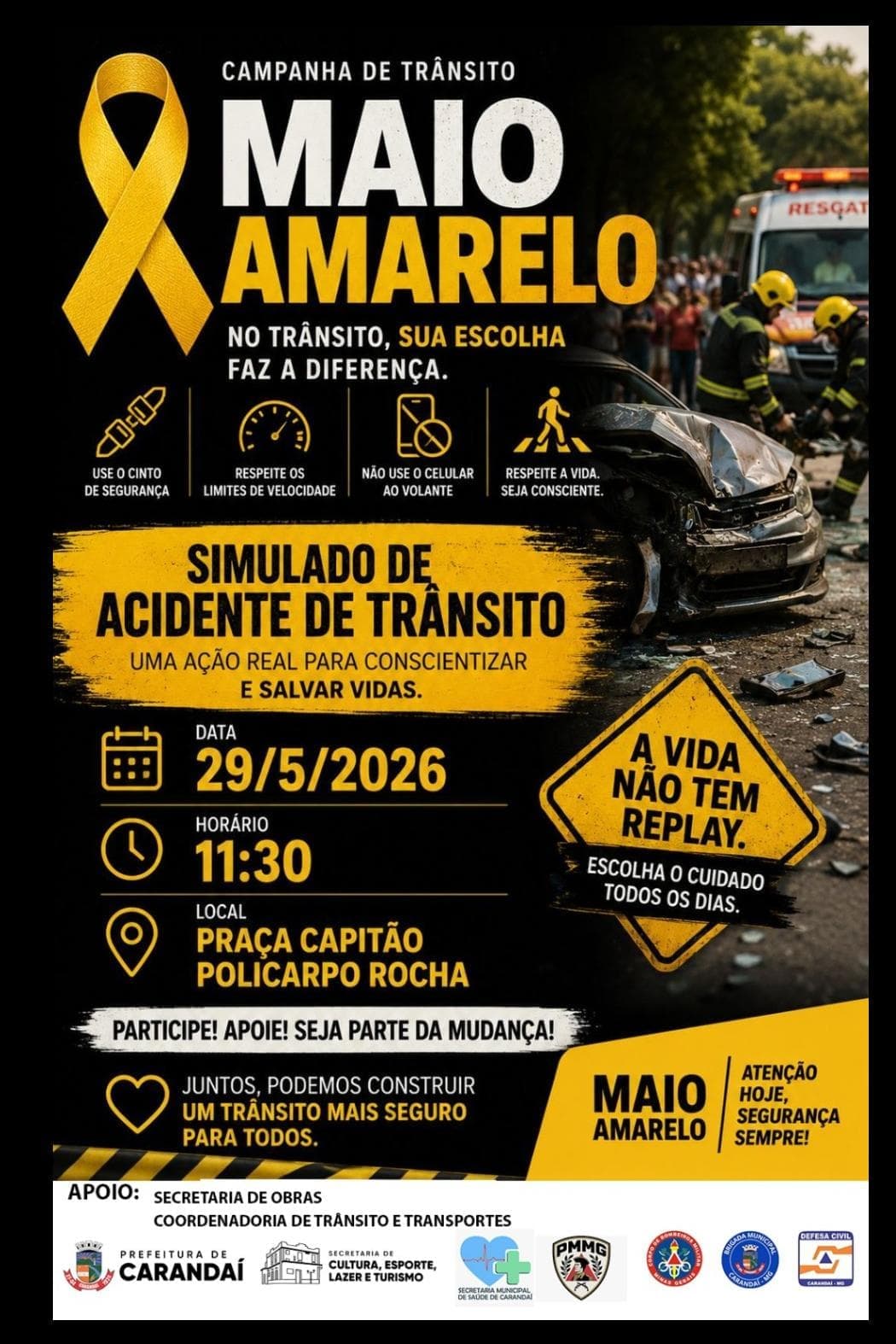 Maio Amarelo terá simulado de acidente de trânsito em Carandaí