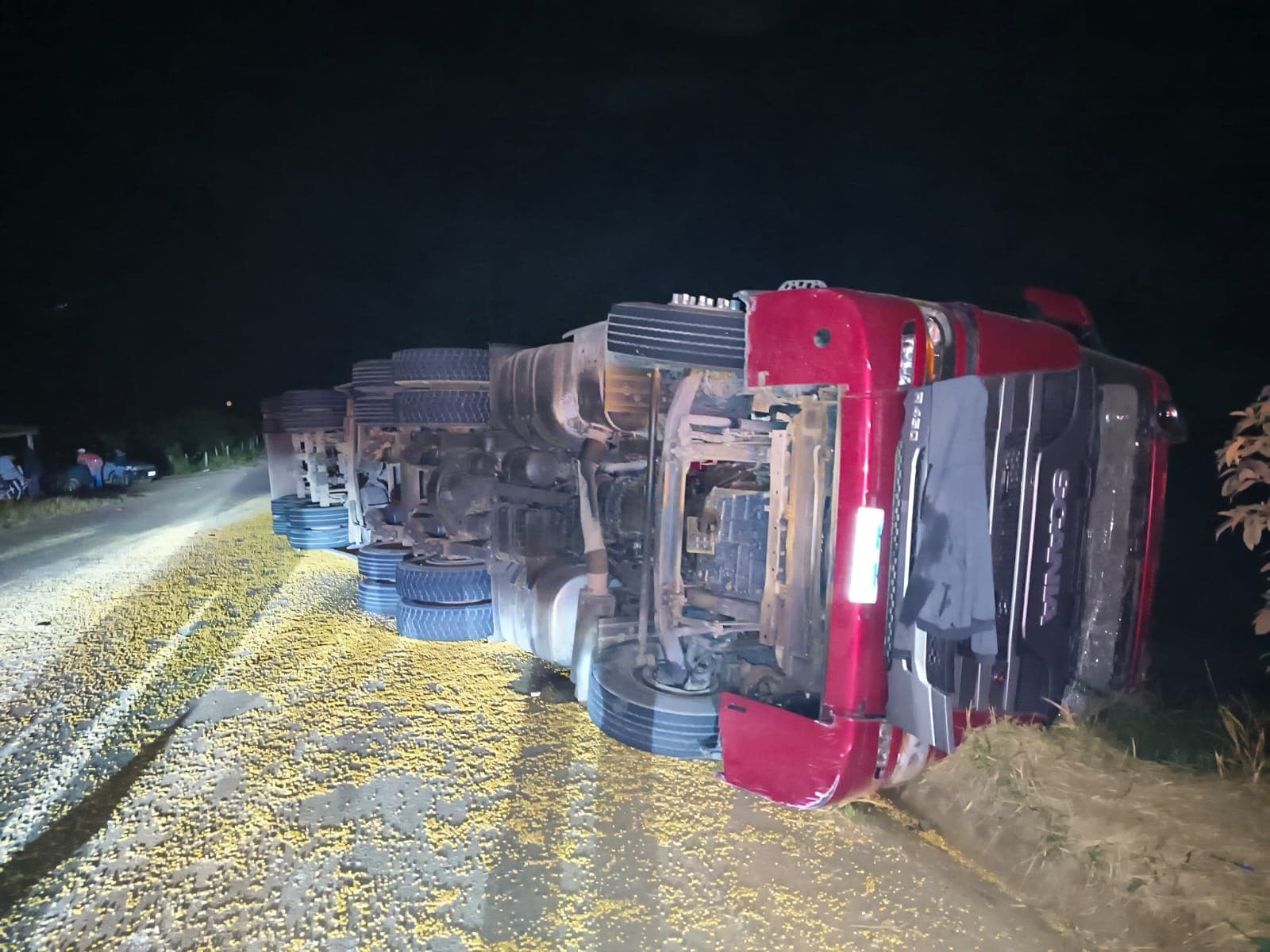 Carreta carregada com milho tomba na MG-275 entre Carandaí e Lagoa Dourada