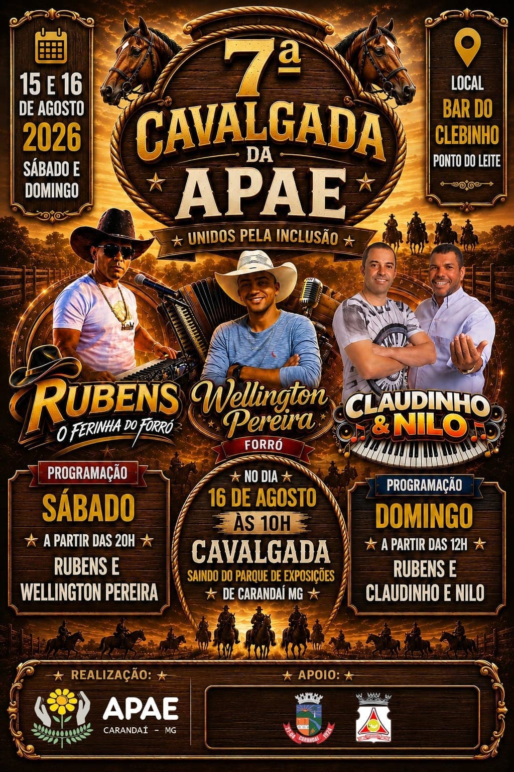 Cavalgada da APAE de Carandaí acontece nos dias 15 e 16 de agosto com shows e programação beneficente