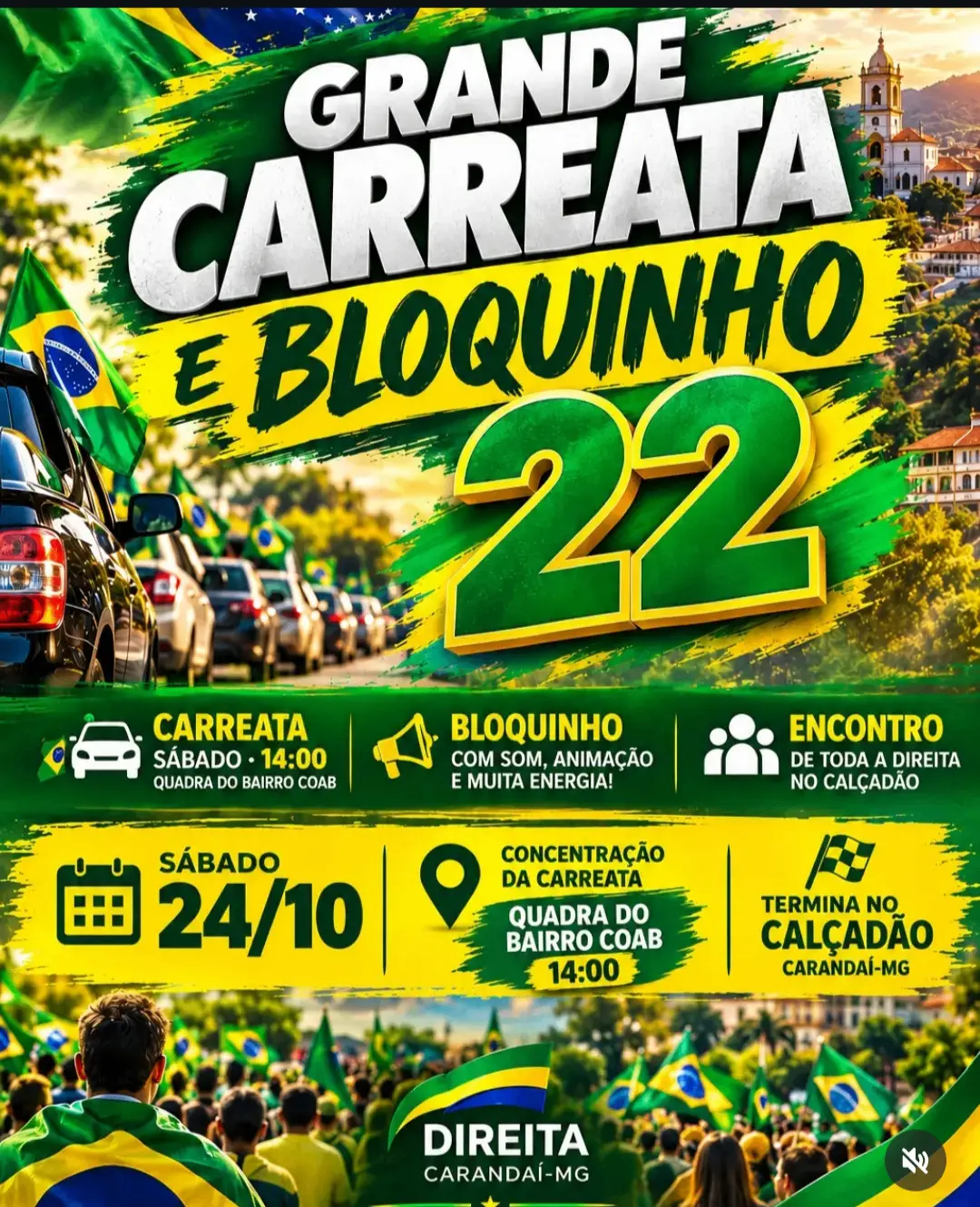 Carandaí terá carreata e bloquinho organizados por grupo de direita neste sábado